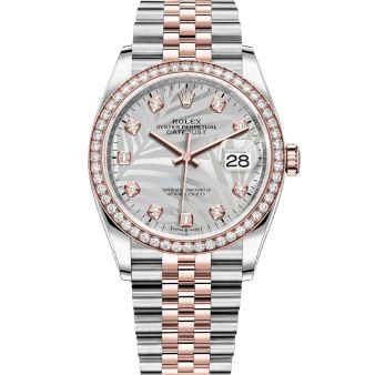 Rolex Datejust 36 126281RBR Wristwatch Jubilee Bracelet Silver Palm Motif Diamond Dial Diamond Bezel