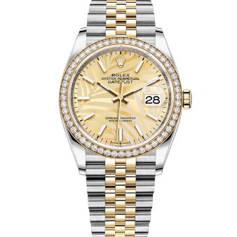 Rolex Datejust 36 126283RBR Wristwatch Jubilee Bracelet Golden Palm Motif Dial Diamond Bezel