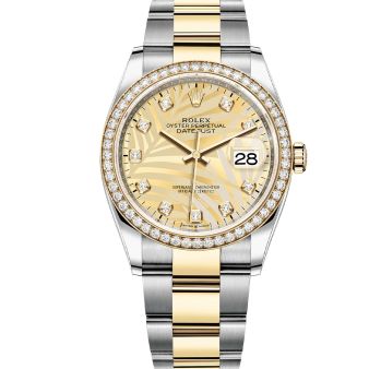 Rolex Datejust 36 126283RBR Wristwatch Oyster Bracelet Golden Palm Motif Diamond Dial Diamond Bezel