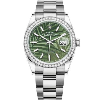 Rolex Datejust 36 126284RBR Wristwatch Oyster Bracelet Olive Green Palm Motif Dial Diamond Bezel