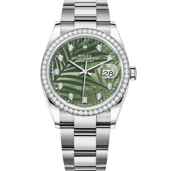 Rolex Datejust 36 126284RBR Wristwatch Oyster Bracelet Olive Green Palm Motif Diamond Dial Diamond Bezel