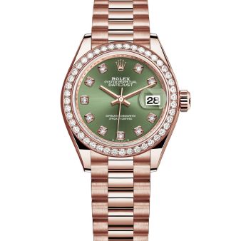 Rolex Lady-Datejust 28 279135RBR Wristwatch President Bracelet Olive Green Diamond Dial Diamond Bezel