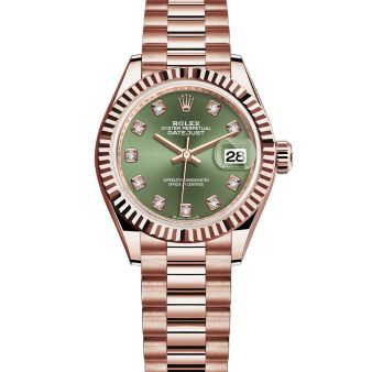 New Rolex Lady-Datejust 28, President Bracelet, Olive Green Diamond Dial, Rose Gold, 279175