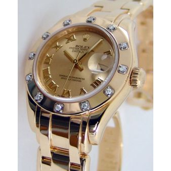 Rolex Datejust Pearlmaster Yellow Gold Champagne Roman Dial Diamond Bezel 80318 Rehaut Watch Chest