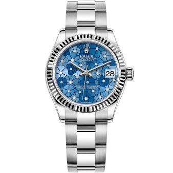 Rolex Datejust 31 278274-0015 Wristwatch, Oyster Bracelet, Azzurro Blue Floral Motif with Diamonds Dial, Fluted Bezel
