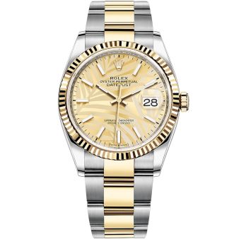 Rolex Datejust 36 126233 Wristwatch, Oyster Bracelet, Golden Palm Motif Dial, Fluted Bezel