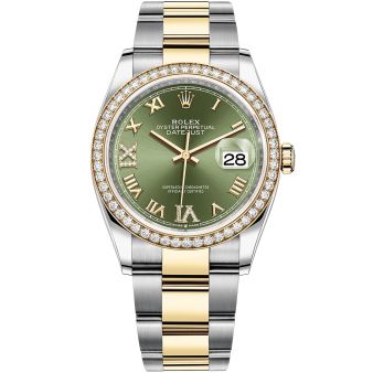 Rolex Datejust 36 126283RBR Wristwatch, Oyster Bracelet, Olive Green Roman VI/IX Diamonds Dial, Diamond Bezel