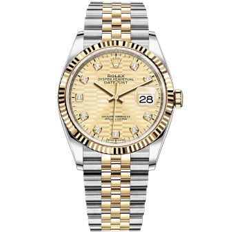 Rolex Datejust 36 126233 Wristwatch, Jubilee Bracelet, Golden Fluted Motif Diamond Dial, Fluted Bezel