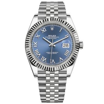 New Rolex Datejust 41mm 126334 Wristwatch, Jubilee Bracelet, Azzurro Blue Roman Dial, Fluted Bezel