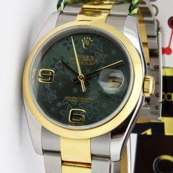 Rolex Datejust Gold & Steel Green Floral Dial 116203 Rehaut Oyster Watch Chest