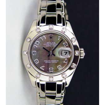 Rolex Datejust Pearlmaster White Gold Black Mother of Pearl Arabic Dial Diamond Bezel 80319 Watch Chest