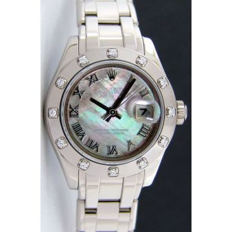 Rolex Datejust Pearlmaster White Gold Black Mother of Pearl Roman Dial Diamond Bezel 80319 Rehaut Watch Chest