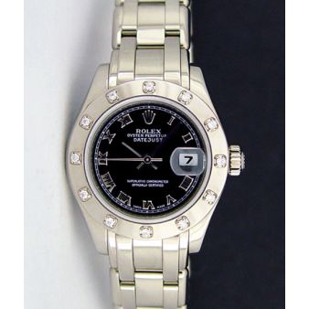 Rolex Datejust Pearlmaster White Gold Black Roman Dial Diamond Bezel 80319 Watch Chest