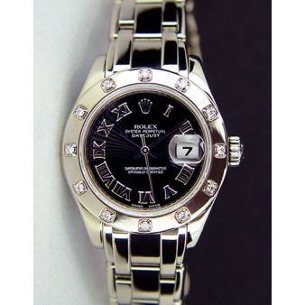 Rolex Datejust Pearlmaster White Gold Black Sunburst Roman Dial Diamond Bezel 80319 Watch Chest
