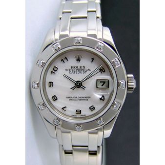 Rolex Datejust Pearlmaster White Gold Mother of Pearl Arabic DIal Diamond Bezel 80319 Watch Chest