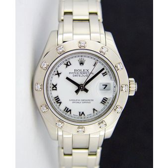 Rolex Datejust Pearlmaster White Gold White Roman Dial Diamond Bezel 80319 Watch Chest