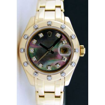 Rolex Datejust Pearlmaster Yellow Gold Black Mother of Pearl Diamond Dial Bezel 80318 Watch Chest