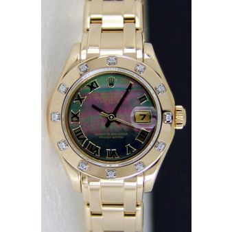 Rolex Datejust Pearlmaster Yellow Gold Black Mother of Pearl Roman Dial Diamond Bezel 80318 Watch Chest