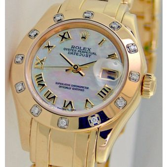 Rolex Datejust Pearlmaster Yellow Gold Mother of Pearl Roman Dial Diamond Bezel 80318 Watch Chest