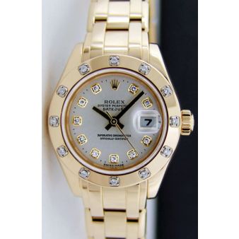 Rolex Datejust Pearlmaster Yellow Gold Silver Diamond Ticks Dial Bezel 80318 Watch Chest