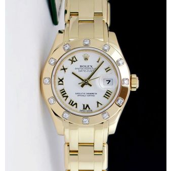 Rolex Datejust Pearlmaster Yellow Gold White Bold Roman Dial Diamond Bezel 80318 Rehaut Watch Chest