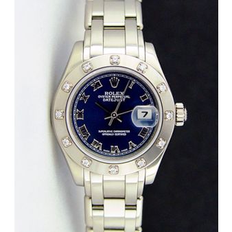 Rolex Datejust Pearlmaster White Gold Blue Roman Dial Diamond Bezel 80319 Watch Chest