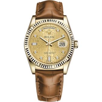 New Rolex Day-Date 36 118138 Wristwatch, Cognac Leather Strap, Champagne Jubilee Diamond Dial, Fluted Bezel 