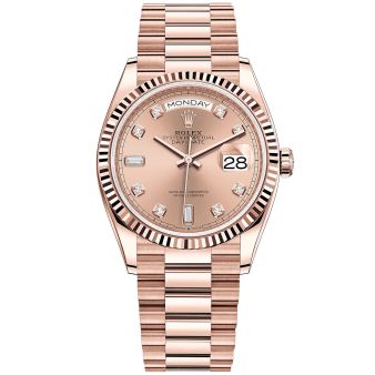 Rolex Day-Date 36 128235 Wristwatch, President Bracelet, Rosé Diamond Dial, Fluted Bezel