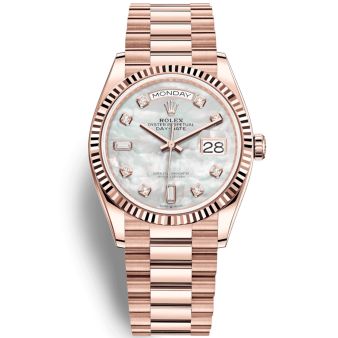 New Rolex Day-Date 36 128235 Wristwatch, President Bracelet, Mother of Pearl Diamond Dial, Fluted Bezel