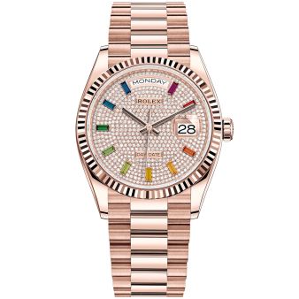 Rolex Day-Date 36 128235 Wristwatch, President Bracelet, Diamond-Paved Dial, Fluted Bezel