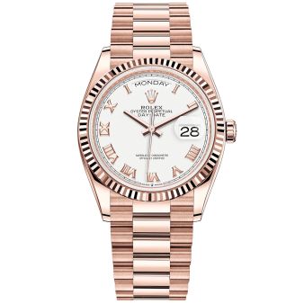 New Rolex Day-Date 36 128235 Wristwatch, President Bracelet, White Roman Dial, Fluted Bezel