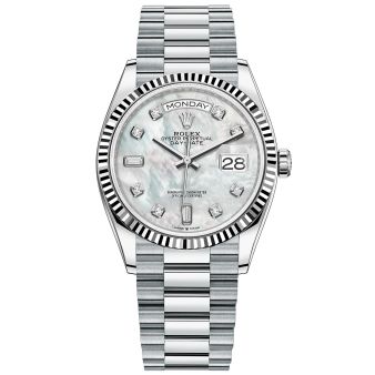 New Rolex Day-Date 36 128236 Wristwatch, President Bracelet, Mother of Pearl Roman Dial, Fluted Bezel