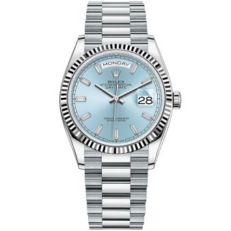 New Rolex Day-Date 36 128236 Wristwatch, President Bracelet, Ice Blue Diamond Dial, Fluted Bezel