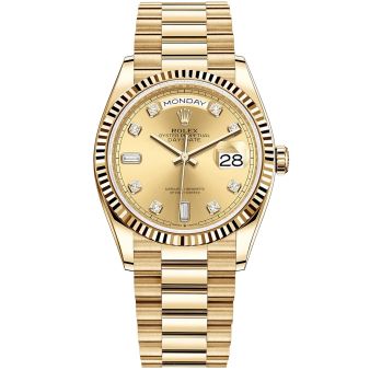 New Rolex Day-Date 36 128238 Wristwatch, President Bracelet, Champagne Diamond Dial, Fluted Bezel