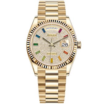 Rolex Day-Date 36 128348 Wristwatch, President Bracelet, Diamond-Paved Dial, Diamond Bezel