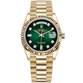 New Rolex Day-Date 36 128238 Wristwatch, President Bracelet, Green Ombré Diamond Dial, Fluted Bezel