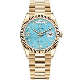 New Rolex Day-Date 36 128238 Wristwatch, President Bracelet, Turquoise Diamond Roman Dial, Fluted Bezel