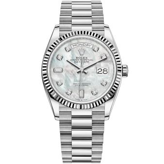 New Rolex Day-Date 36 128239 Wristwatch, President Bracelet, Mother of Pearl Diamond Dial, Fluted Bezel