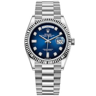 New Rolex Day-Date 36 128239 Wristwatch, President Bracelet, Blue Ombré Diamond Dial, Fluted Bezel