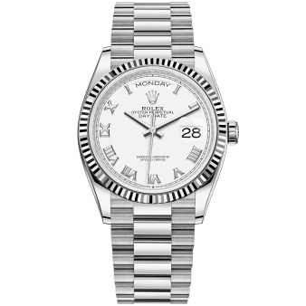 New Rolex Day-Date 36 128239 Wristwatch, President Bracelet, White Roman Dial, Fluted Bezel
