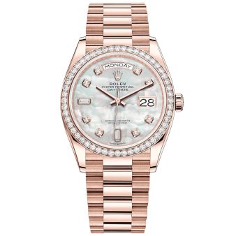New Rolex Day-Date 36 128345RBR Wristwatch, President Bracelet, Mother of Pearl Diamond Dial, Diamond Bezel