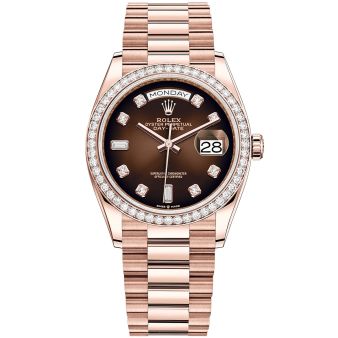New Rolex Day-Date 36 128345RBR Wristwatch, President Bracelet, Brown Ombré Diamond Dial, Diamond Bezel
