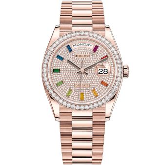 New Rolex Day-Date 36 128345RBR Wristwatch, President Bracelet, Diamond-Paved Dial, Diamond Bezel