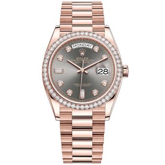 New Rolex Day-Date 36 128345RBR Wristwatch, President Bracelet, Slate Diamond Dial, Diamond Bezel