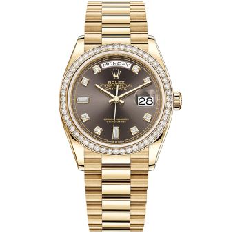 Rolex Day-Date 36 128348RBR Wristwatch, President Bracelet, Dark Grey Diamond Dial, Diamond Bezel