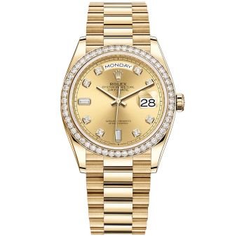 Rolex Day-Date 36 128348RBR Wristwatch, President Bracelet, Champagne Diamond Dial, Diamond Bezel