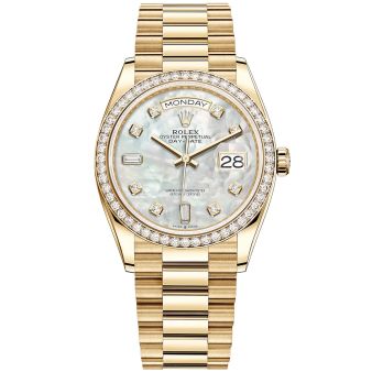 Rolex Day-Date 36 128348RBR Wristwatch, President Bracelet, Mother of Pearl Diamond Dial, Diamond Bezel