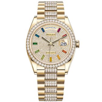 New Rolex Day-Date 36 128348RBR Wristwatch, Diamond-Set President Bracelet, Diamond-Paved Dial, Diamond Bezel
