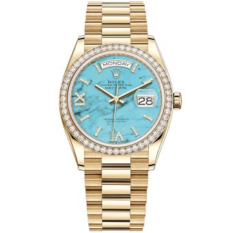 New Rolex Day-Date 36 128348RBR Wristwatch, President Bracelet, Turquoise Roman Diamond Dial, Diamond Bezel