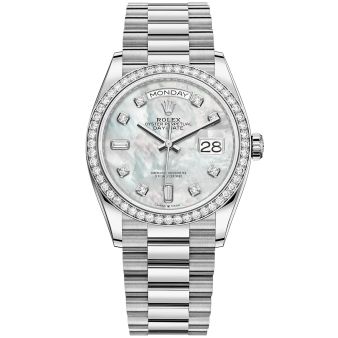 New Rolex Day-Date 36 128349RBR Wristwatch, President Bracelet, Mother of Pearl Diamond Dial, Diamond Bezel